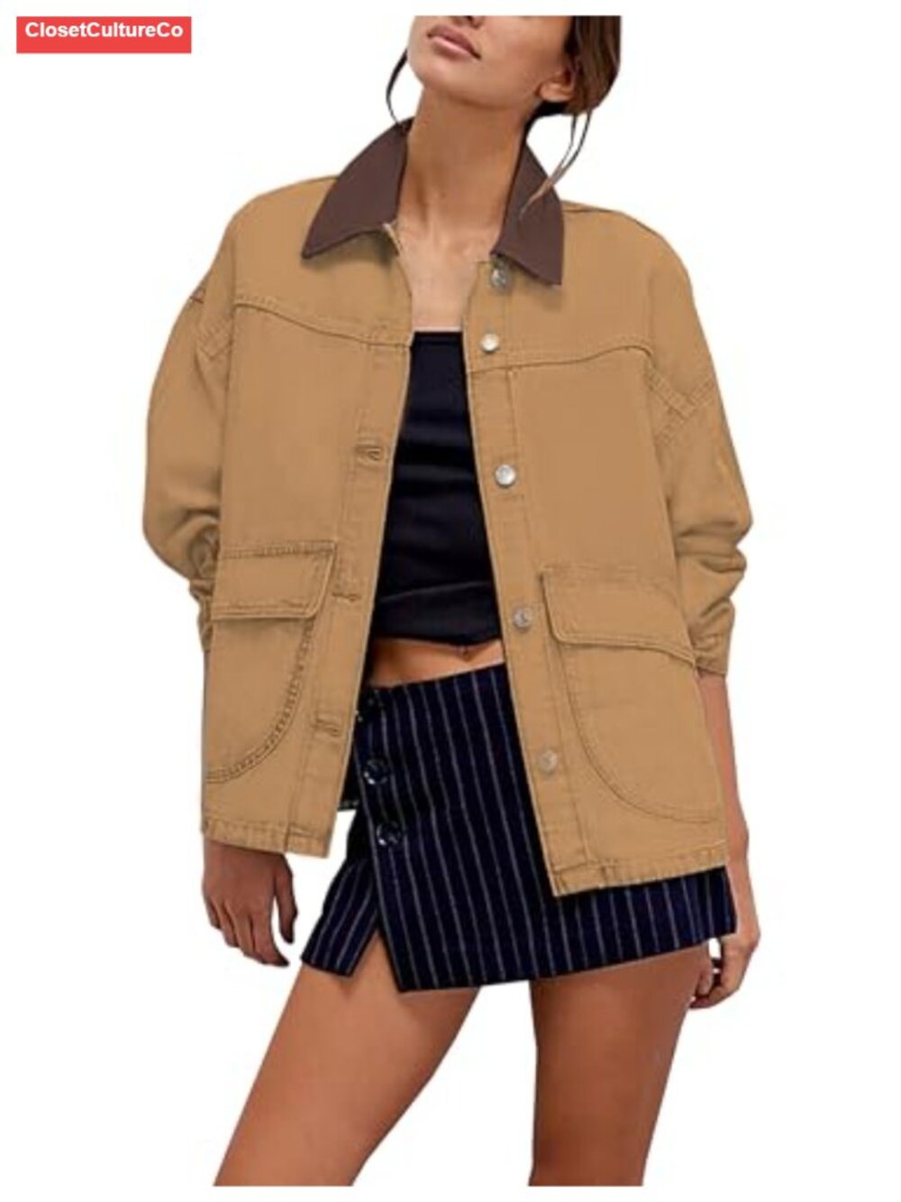 Lightweight Oversized 100% Cotton Denim Jacket Contrast Trim Button Down